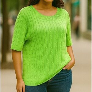 Talbots Lime‎ Green Short Sleeve Cable Knit Sweater Women's Size Large